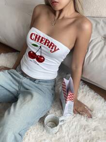 SHEIN EZwear 女士可愛性感櫻桃印花貼身背心上衣，夏日完美穿搭 - 白色 - 查看 4