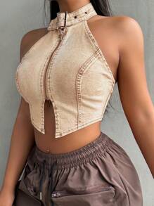 SHEIN Tall Tops de mezclilla para hombres, tops halter elásticos, tops ajustado de caqui, tops para mujeres en otoño, tops lindos, atuendos de festival rave en otoño, camisas de otoño para mujeres, tops de otoño