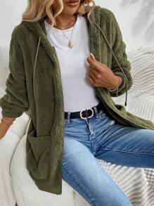 SHEIN LUNE Chaqueta con cremallera con capucha de forro polar verde del ejército para mujer, cálida y cómoda - Verde militar - Ver 3