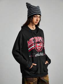 SUPERMAN X ROMWE Women Letter And Logo Print Zip-Up Drawstring Hooded Loose Long Sweatshirt, Spring & Autumn - Black - View 4