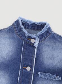 女童時尚磨邊牛仔夾克 - 深色水洗藍 - 查看 7