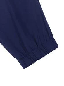 Manfinity Homme 男士日常休闲抽绳口袋压胶设计慢跑裤，适合秋季 - 藏蓝色 - 查看 8