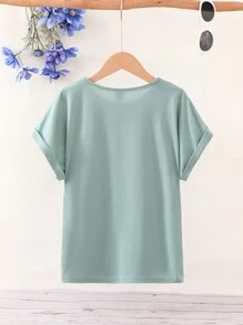 SHEIN Tween Girl  Plain Round Neck Loose Casual Vacation Short Sleeve T-Shirt - Cadet Blue - View 2