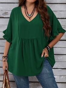 EMERY ROSE Camisas azul marino informales de vacaciones con mangas con volantes para mujer talla grande - Verde Oscuro - Ver 1
