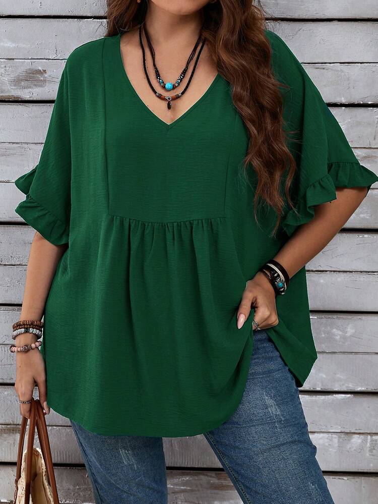 Plus Size Women's Vacation Casual Dark Blue Mom Shirts With Ruffled Sleeves For Summer