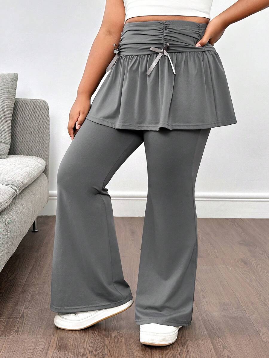 SHEIN Tween Girls Extended Size Casual Simple Comfortable Solid Color Ruffle Bow Sweatpants