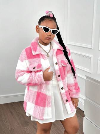 SHEIN Tween Girls Casual Relaxed Comfy Plaid Fuzzy Collar Jack
