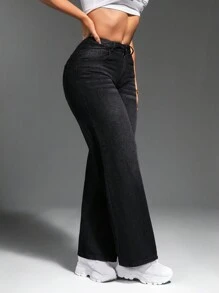 SHEIN SXY Women's Loose-Fit Straight-Leg Denim Pants With Pockets, Casual And Versatile - Grey - View 5