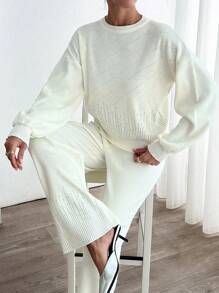 RueChic Woman Top And Bottom Rhinestones Detailed Cozy Soft Long Length Sweater Co-Ords