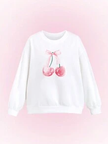 Flirla Women's Cherry Blossom Bow Print Crew Neck Long Sleeve Sweatshirt