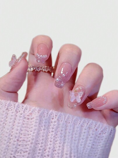 Kawaii 24pcs Long Coffin 3D Butterfly Decor Fake Nail