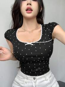 DAZY Áo thun ngắn tay chấm bi mùa hè dành cho nữ có trang trí nơ - màu đen - Xem 12