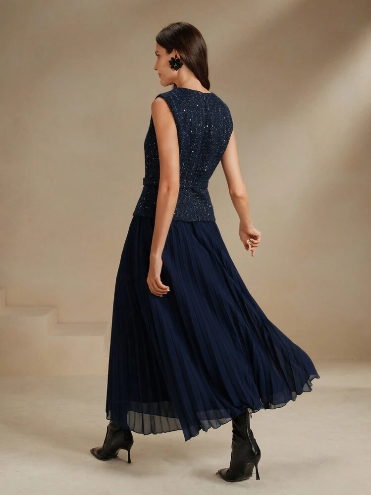 Anewsta Women Contrast Chiffon Pleated Long Dress Maxi Tweed Women Outfit - Blue - View 9