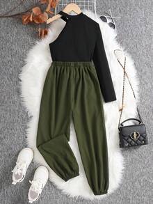 SHEIN 2pcs Tween Girls Casual Knit Long Sleeve Top And Pants Set - Multicolor - View 2