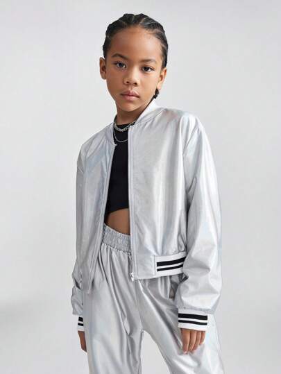 SHEIN 青少年女孩服装足球排球感恩节万圣节圣诞节开学第一天条纹棒球风格长袖休闲涂层秋季飞行员夹克，春秋季