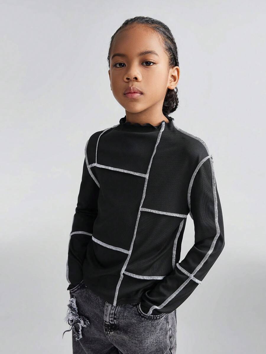 SHEIN Tween 女童秋冬日常穿着撞色滚边修身圆领黑色带袖上衣 - 黑色 - 查看 1