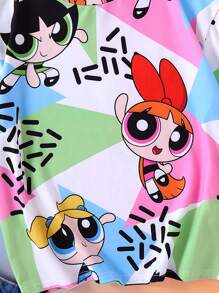 THE POWERPUFF GIRLS X SHEIN 青少年女孩卡通彩色三角形印花超大休闲短袖 T 恤，夏季 - 彩色 - 查看 2