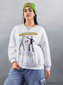 Rick and Morty X SHEIN Oversized locker sitzender grafischer Fleece Pullover, Weiß