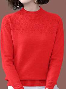 SHEIN Unity 女士休闲宽松高领长袖毛衣新年衣服，长袖上衣 - 紅色 - 查看 5