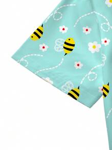 PopScrub Damen V-Ausschnitt Kurzarm Top mit Tasche und Allover-Muster mit Biene & Blumen Motiv, Pflege-Oberteile - Lichtblau - Übersicht 3