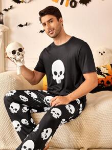 Juego de pijama cómodo con patrón de calavera para hombres, que combina con la familia para Halloween - Negro - Ver 5