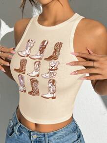 SHEIN EZwear Áo kiểu dáng tối giản, họa tiết kẻ caro, cổ tròn, ôm sát, thích hợp cho mùa hè, dành cho nữ. Chất liệu cotton. - Màu be - Xem 1