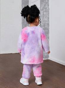 SHEIN Leap Crew NovaGlow 女婴 3 件套秋冬保暖毛绒扎染连帽夹克、背心和裤子套装，粉色和紫色，适合休闲户外穿着 - 彩色 - 查看 2