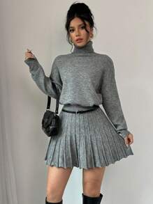 Rafferiza Bộ 2 chiếc váy xếp ly rộng màu trơn và áo len cổ lọ - Màu xám đen - Xem 5