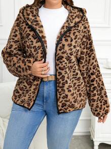 EMERY ROSE Plus Size Women's Leopard Print Reversible Fleece Hoodies Jacket, Autumn/Winter - Brown - View 5