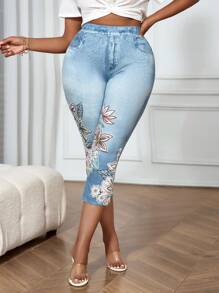 SHEIN VCAY 女式大码花卉图案蓝色牛仔裤 女式紧身裤 女式慢跑裤 女式高腰牛仔裤 秋季女装 - 淺色水洗藍 - 查看 5