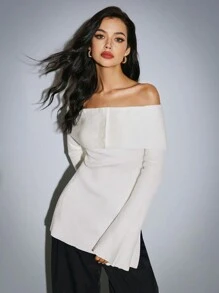Poéselle Asymmetric Hem Fitted Sweater, Off-Shoulder Flare Long Sleeve, Autumn/Winter - White - View 2