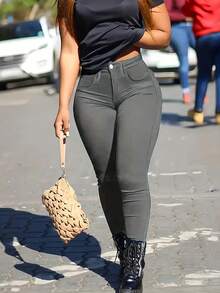 Women's Solid Color Front Button Multiple Pockets Casual Pants, Suitable For Daily Wear And Business - Dark Grey - View 4