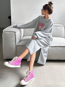 DAZY Women's Loose Cute Printed Fleece Sweatshirt Dress,Fall Clothes,Back To School Clothes - Grey - View 4