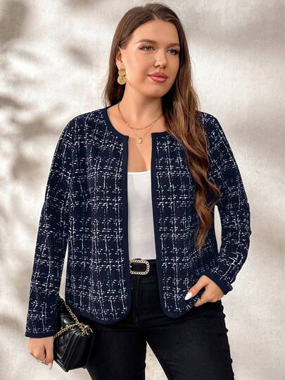 Chikora 大码优雅仿粗花呢印花和撞色饰边短夹克，秋冬款