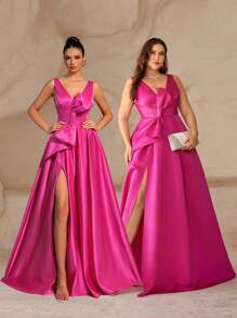 Glamrae Elegantes Abendkleid mit tiefen V-Ausschnitt, hohem Schlitz, asymmetrischer Schleife, für Date, Junggesellinnenabschied, Hochzeit, formelle Anlässe, elegante Dinnerparty, Abschlussball, für Hochzeitsgäste, Abschlussfeier