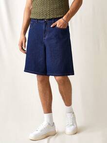 Manfinity Hypemode 男士深蓝色宽松牛仔短裤、牛仔短裤 - 深色水洗藍 - 查看 7