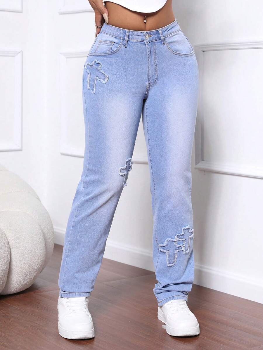 SHEIN SXY 女士纯色口袋休闲直筒牛仔裤 - 藍色 - 查看 1