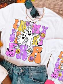 SHEIN LUNE Camiseta casual de algodón de manga corta y cuello redondo con texto dorado falso y gráficos de pequeños fantasmas para Halloween a juego en familia