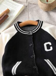男婴秋季服装，2 件套简约时尚可爱针织休闲套装，撞色棒球夹克和毛衣，适合幼儿 - 黑色 - 查看 4