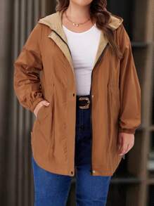 EMERY ROSE Plus Size Women's Hooded Long Sleeve Ruched Fashion Button Zip Reversible Brown Trench Coat With Pockets - Burnt Orange - View 5