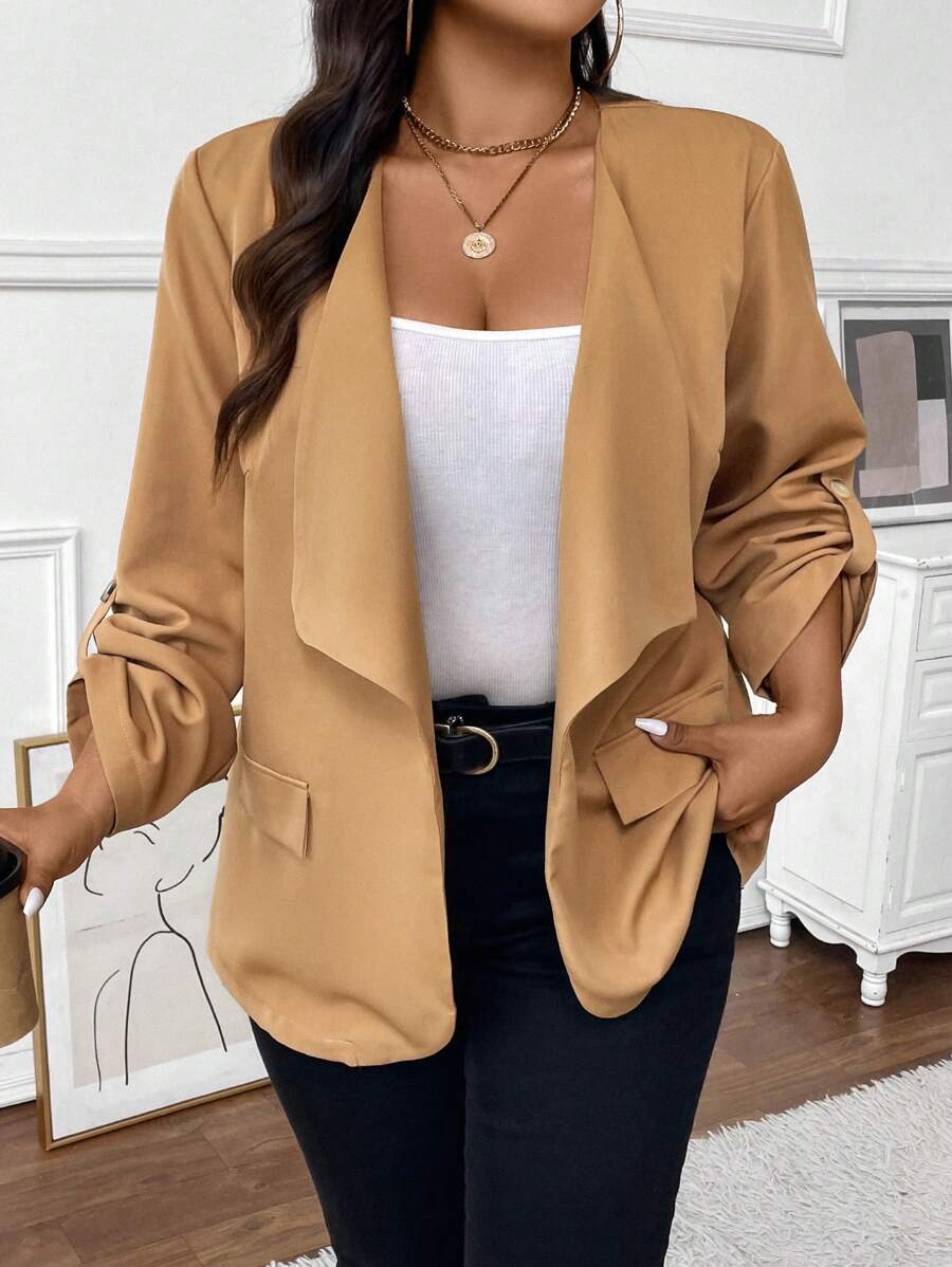 Calvaya 大码女式纯色卷边袖口休闲宽松长袖西装外套，春/秋