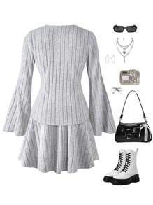 Set da 2 pezzi composto da cardigan oversize con scollo a V scanalato e gonna, in stile casual e alla moda per ragazze adolescenti, con fodera termica