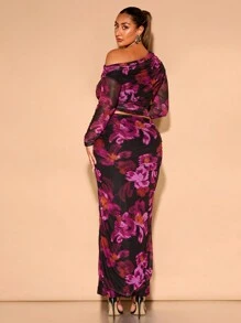 SHEIN BAE 大码秋季优雅性感女式全身大花网眼印花不对称露肩长袖T恤和长裙女士两件套仙女核心套装，度假装 - 黑色 - 查看 2