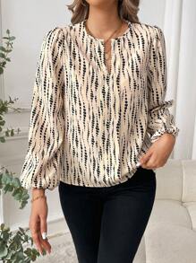 SHEIN Clasi Blusa elegante de manga farol con cuello en v y estampado de teñido anudado para mujeres en primavera y verano