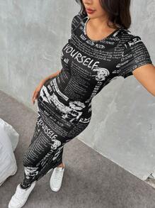 SHEIN EZwear Newspaper Print Dress - Black - View 3