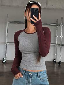 DAZY Áo thun tay lỡ màu tương phản thường ngày dành cho nữ, quần áo mùa xuân và mùa hè, áo thun tay dài dành cho nữ - Màu Đỏ Sâu - Xem 5