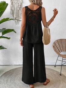 Breezaya Vacation Casual Solid Color Cami & Wide Leg Pants 2pcs Set - Black - View 3