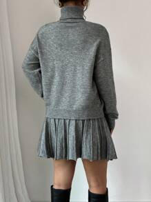 Rafferiza Bộ 2 chiếc váy xếp ly rộng màu trơn và áo len cổ lọ - Màu xám đen - Xem 2