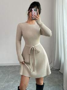 Chiquease 纯色合身 A 字型中长毛衣连衣裙 - 駝色 - 查看 6