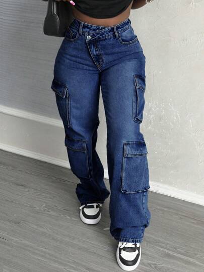 SHEIN Slayr Mid-Waist Cross Waist Flap Pocket Casual Denim Cargo Jeans